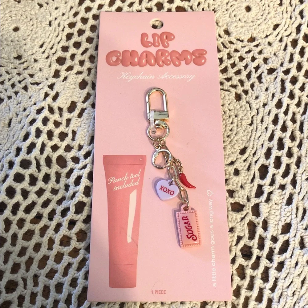 Lip Charm Keychain Accessory in Pink - Cute Lip Balm & Heart Charms